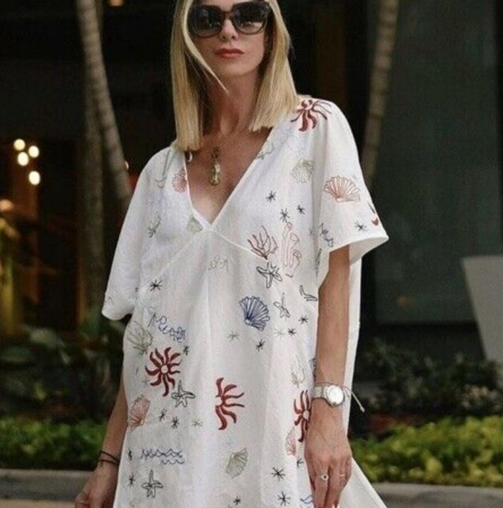 💖💖 NWT Zara Chic White V-Neck Tunic with Sea Motif Pattern Size Medium